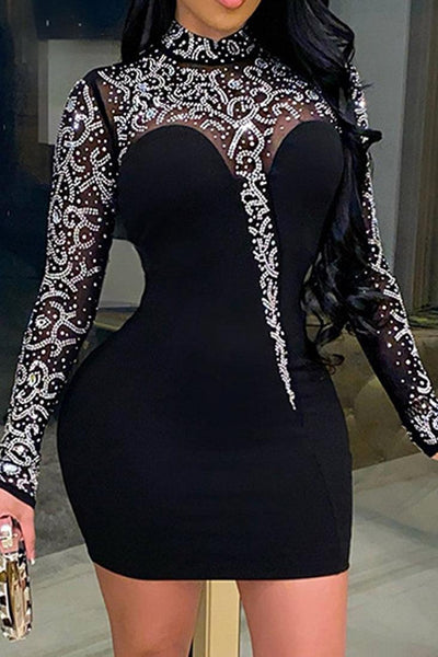 Black Rhinestone Long Sleeve Zip Up Sexy Cocktail Dress - AMIClubwear