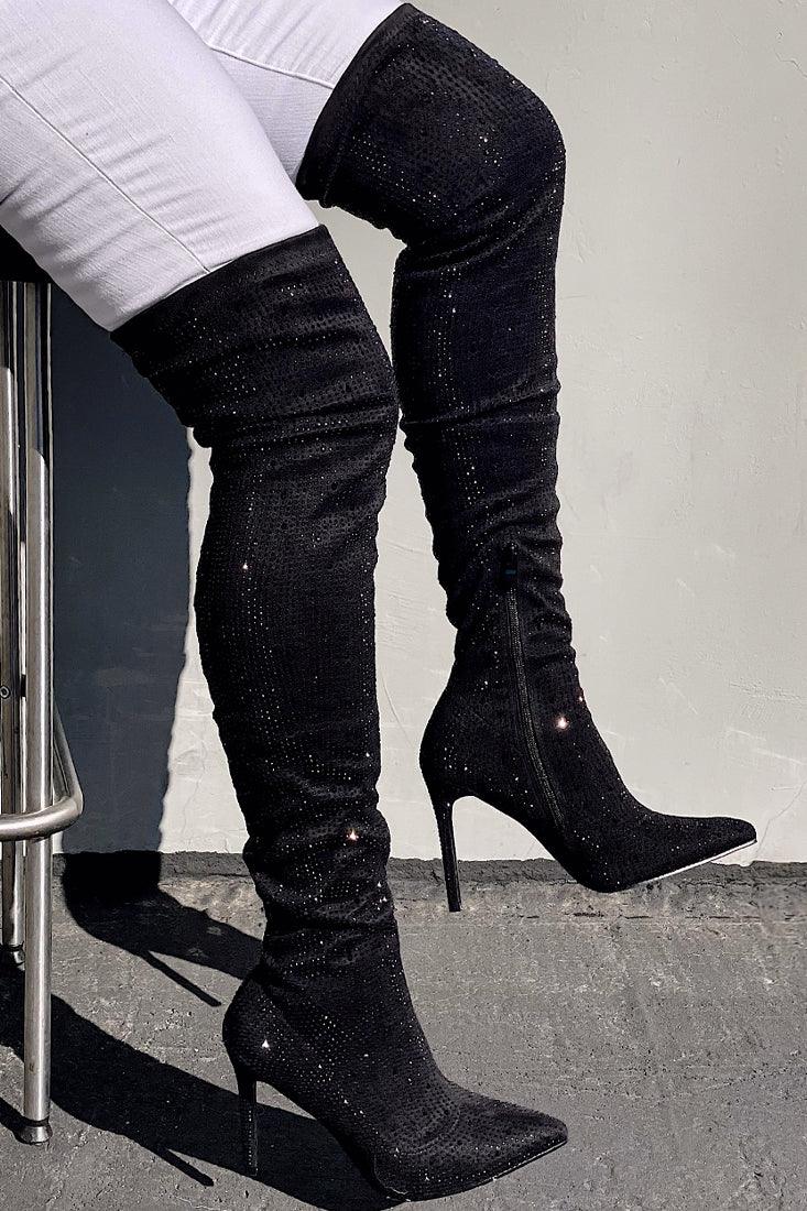 Black Rhinestone Pointy Toe Single Sole Thigh High Heel Boots - AMIClubwear