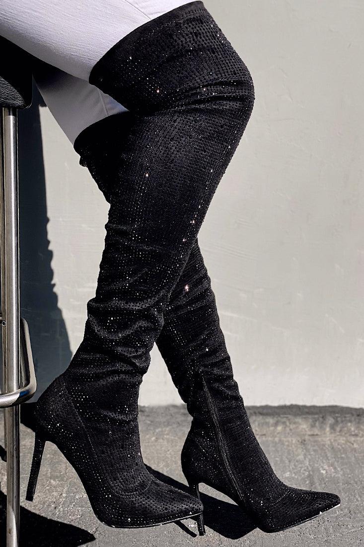 Black Rhinestone Pointy Toe Single Sole Thigh High Heel Boots - AMIClubwear