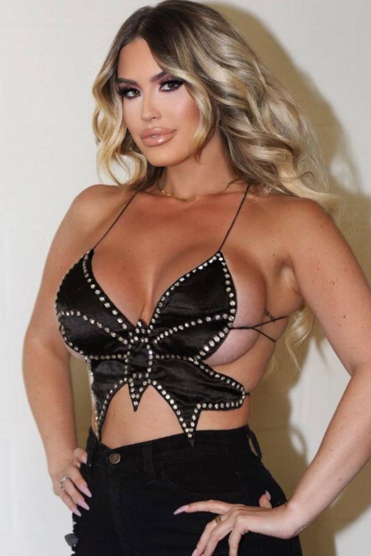 Black Rhinestone Sexy Butterfly Sleeveless Crop Top - AMIClubwear