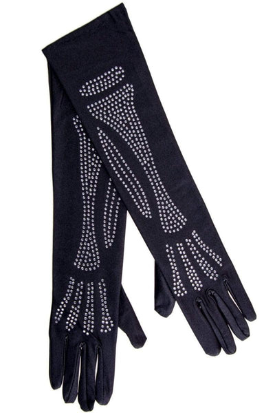 Black Rhinestone Skeleton Bone Elbow Length Gloves - AMIClubwear