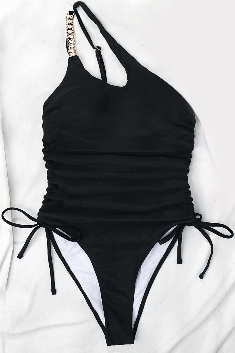Black Rhinestone Strap One Piece Sexy Swimsuit - AMIClubwear