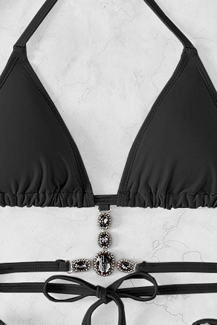Black Rhinestone Tie Back Triangle Bikini 2 Pc Swimsuit - AMIClubwear