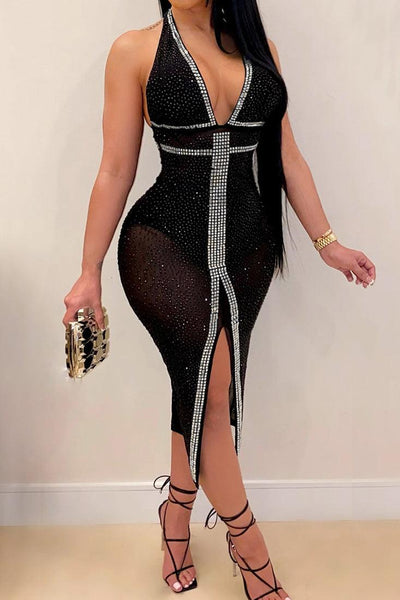 Black Rhinestone V-Cut Slit Mesh Sexy Party Dress - AMIClubwear