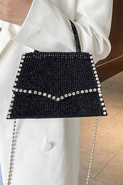 Black Rhinestones Chain Strap Handbag - AMIClubwear