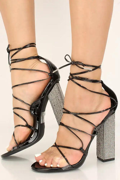 Black Rhinestones Lace Up Chunky Heels - AMIClubwear