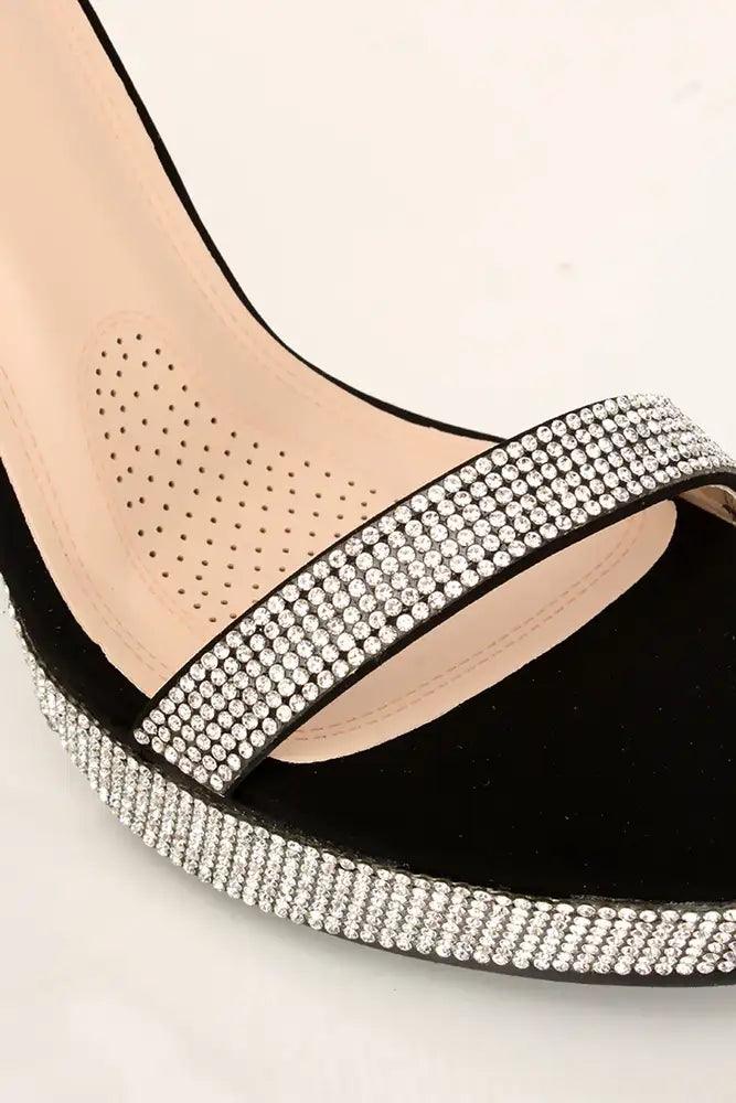 Black Rhinestones Open Toe High Heels - AMIClubwear