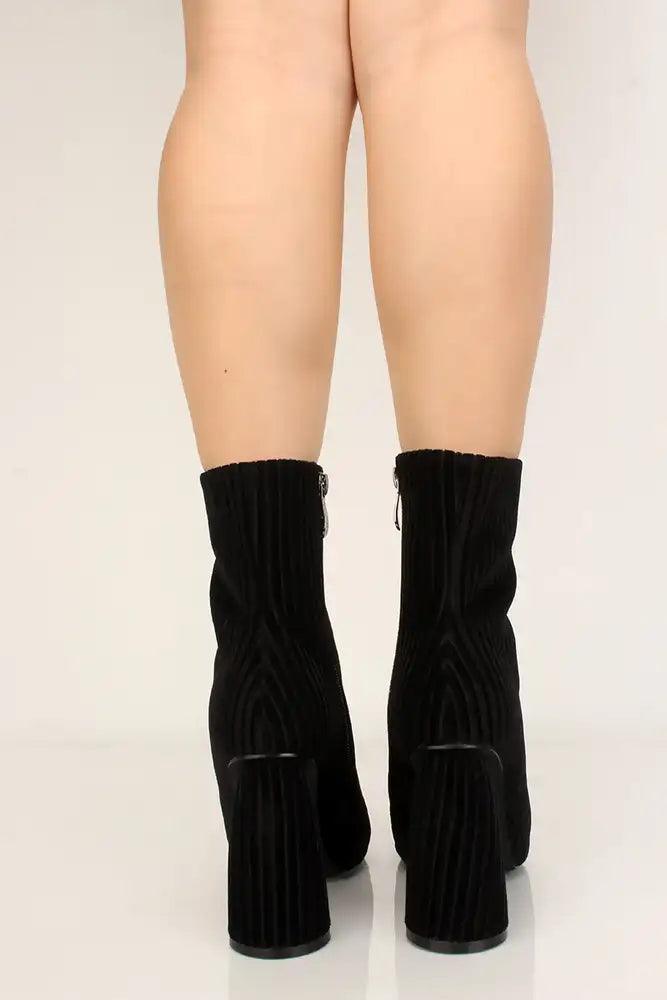 Black Ribbed Faux Velvet Chunky Heel Booties - AMIClubwear