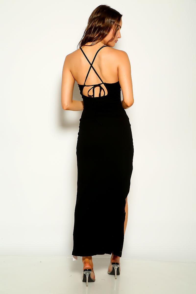 Black Ribbed Lace Up Maxi Sexy Party Dress - AMIClubwear