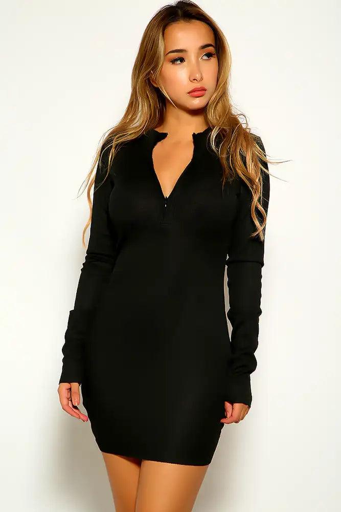 Black Ribbed Long Sleeve Casual Dress - AMIClubwear