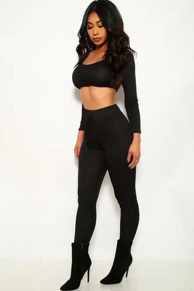 Black Ribbed Long Sleeve Two Piece Outfit - AMIClubwear