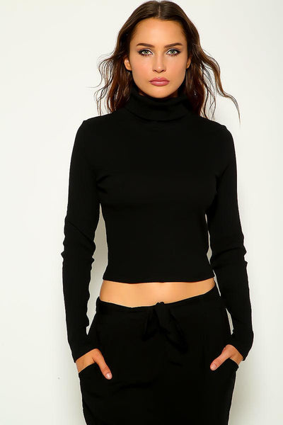 Black Ribbed Long Sleeves Turtleneck Sexy Sweater Top - AMIClubwear