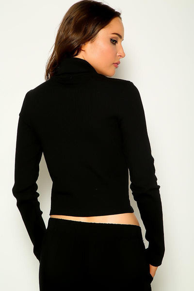 Black Ribbed Long Sleeves Turtleneck Sexy Sweater Top - AMIClubwear
