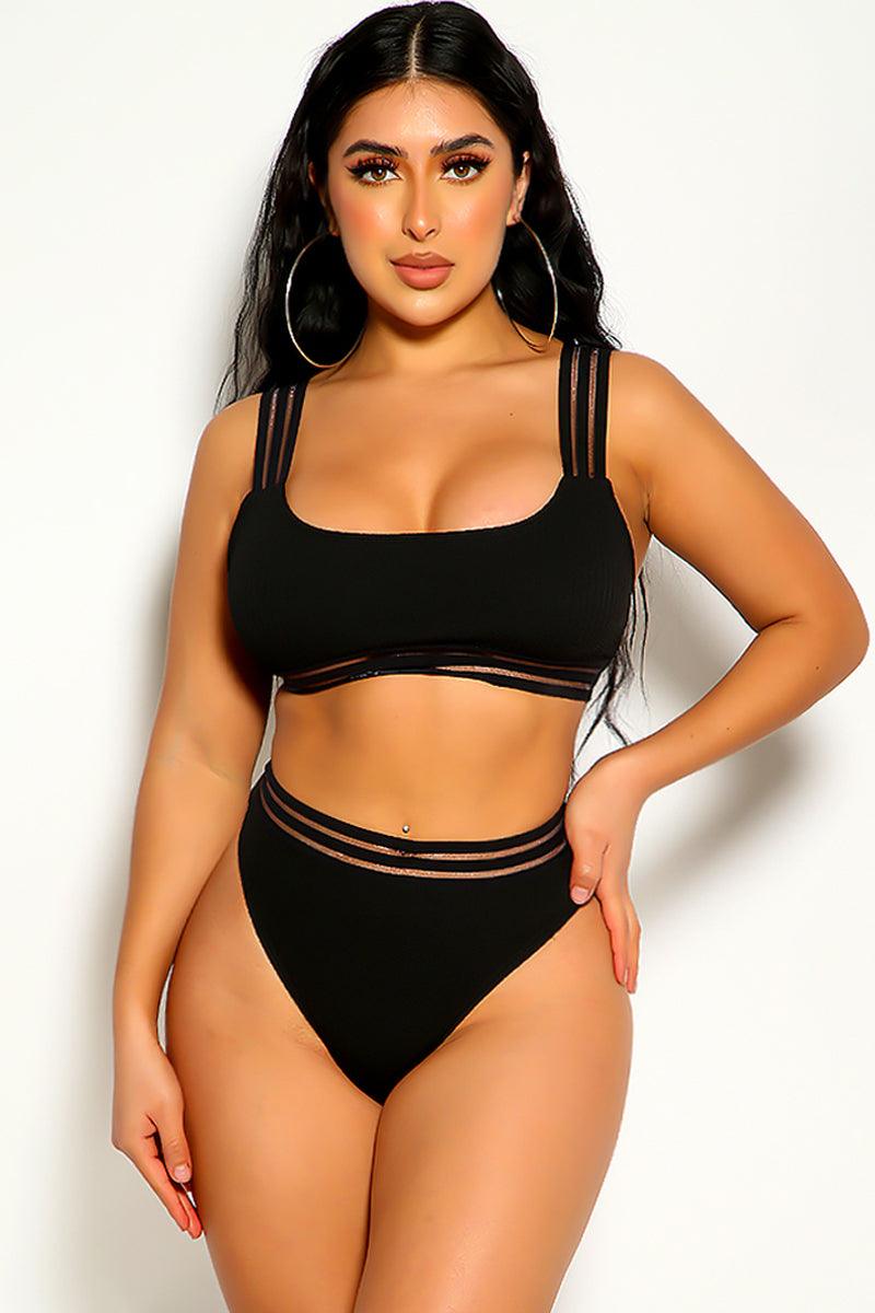 Black Ribbed Mesh Detail Two Piece Swimsuit - AMIClubwear