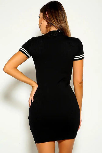 Black Ribbed Short Sleeve Casual Dress - AMIClubwear