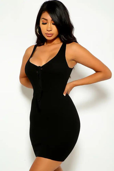 Black Ribbed Sleeveless Party Dress - AMIClubwear