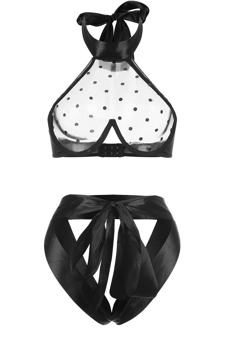 Black Ribbon Mesh Halter Sexy Lingerie 2 Pc Set - AMIClubwear