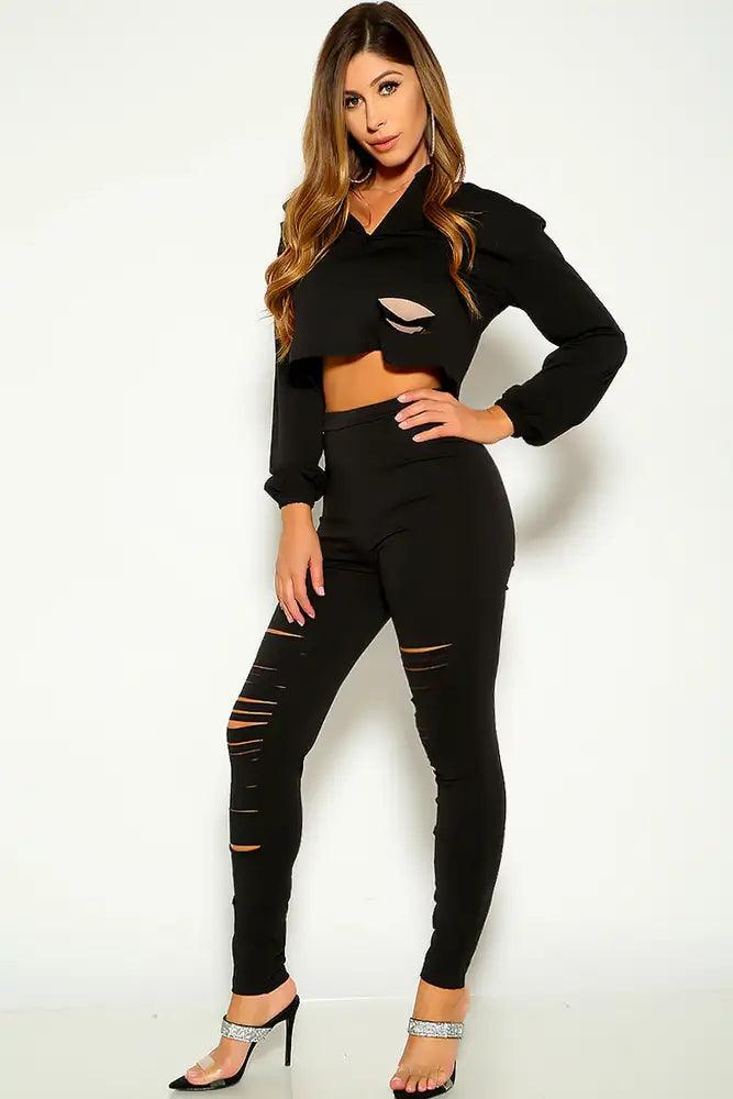 Black Ripped Long Sleeve Zipper Pants Track Suit Lounge Wear Outfit - AMIClubwear