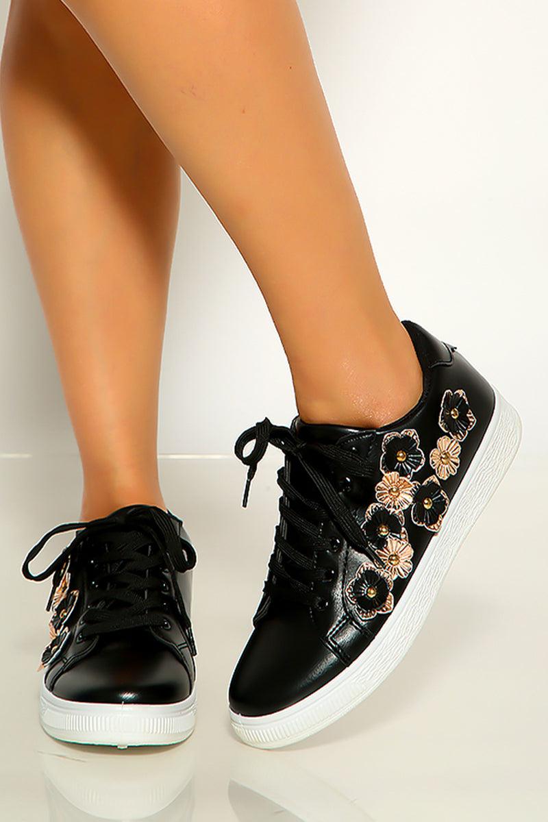 Black Rose Gold Floral Lace Up Sneakers - AMIClubwear