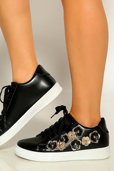 Black Rose Gold Floral Lace Up Sneakers - AMIClubwear