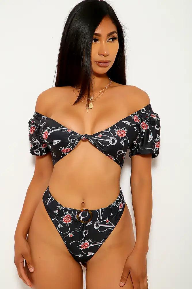 Black Rose Print Two Piece Swimsuit - AMIClubwear