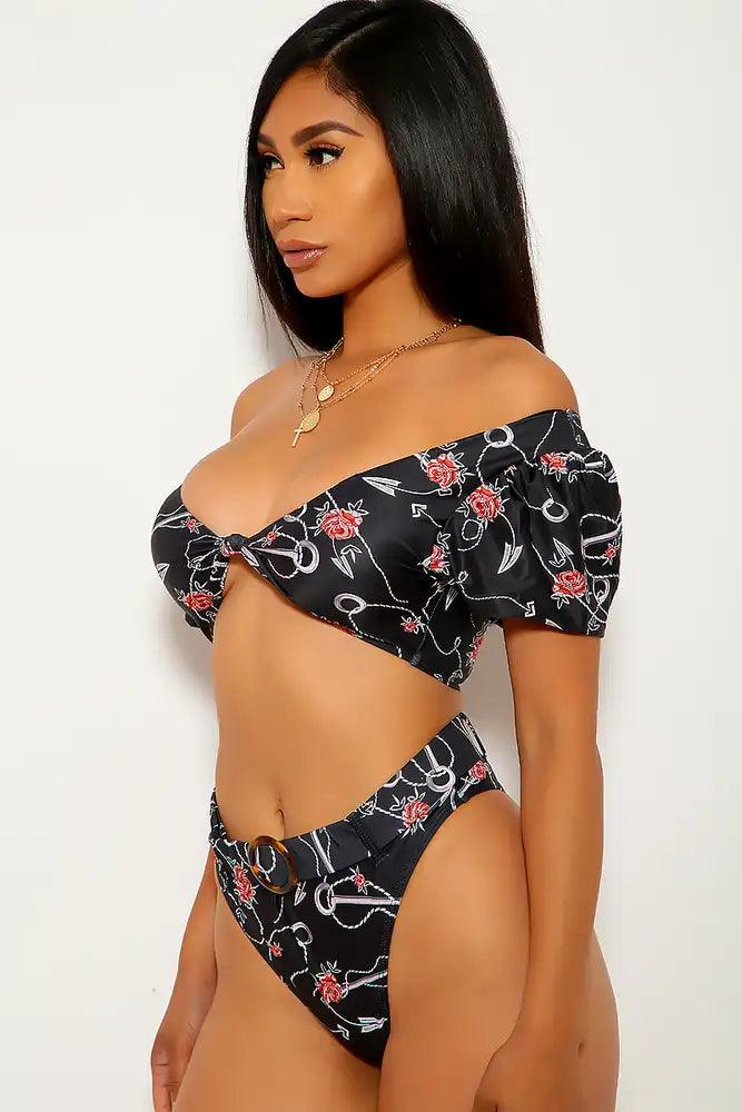 Black Rose Print Two Piece Swimsuit - AMIClubwear