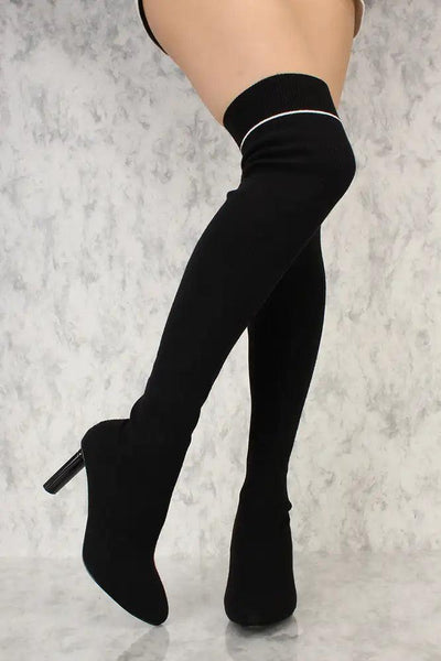 Black Round Pointy Toe Thigh High Chunky Heel Sock Boots - AMIClubwear