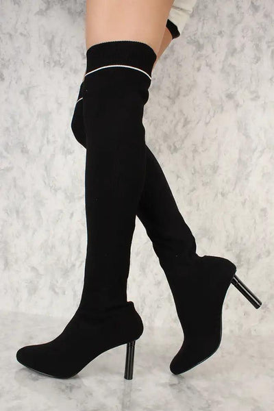 Black Round Pointy Toe Thigh High Chunky Heel Sock Boots - AMIClubwear