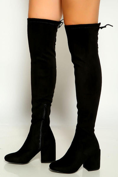 Black Round Toe Back Lace Up Chunky Block Heel Thigh High Boots - AMIClubwear