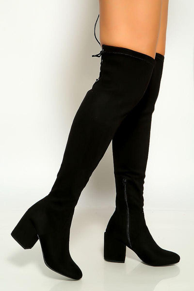 Black Round Toe Back Lace Up Chunky Block Heel Thigh High Boots - AMIClubwear