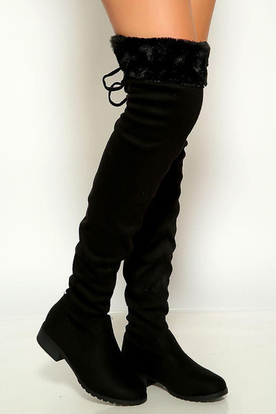 Black Round Toe Faux Fur Trim Thigh High Flat Boots - AMIClubwear