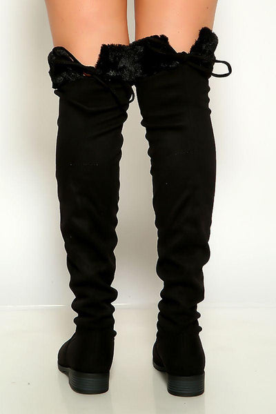 Black Round Toe Faux Fur Trim Thigh High Flat Boots - AMIClubwear
