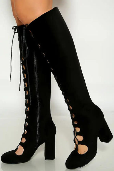 Black Round Toe Lace Up Chunky Heel Boots - AMIClubwear