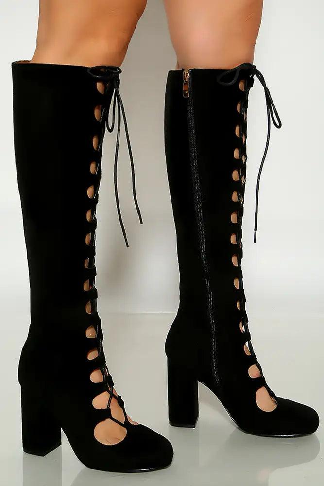 Black Round Toe Lace Up Chunky Heel Boots - AMIClubwear