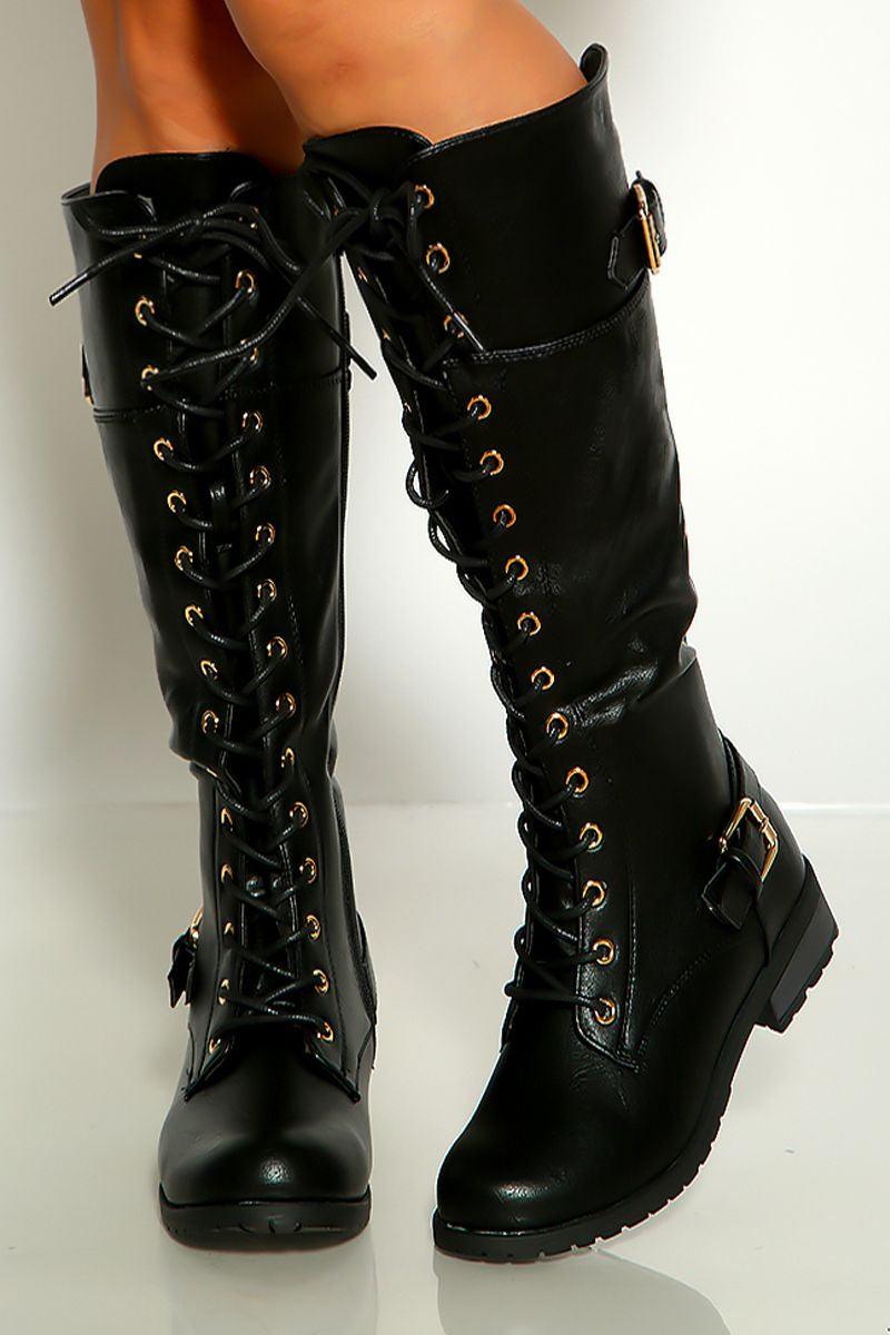 Black Round Toe Lace Up Combat Boots - AMIClubwear