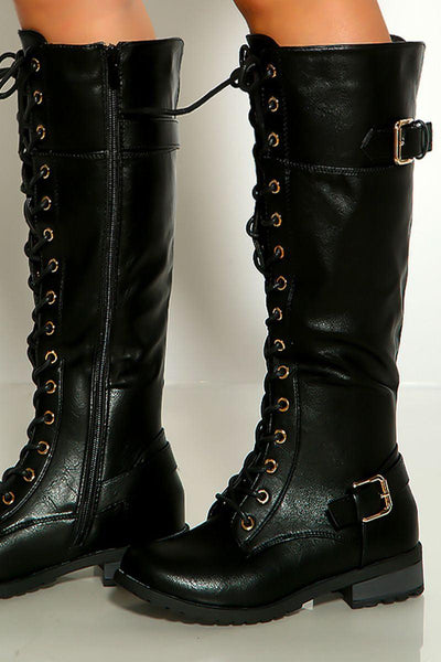 Black Round Toe Lace Up Combat Boots - AMIClubwear