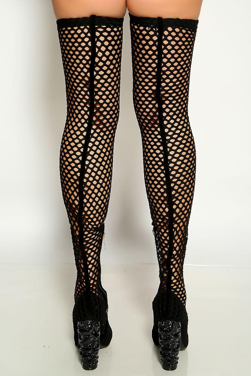 Black Round Toe Netted Thigh High Snake Detail Chunky Heel Boots - AMIClubwear
