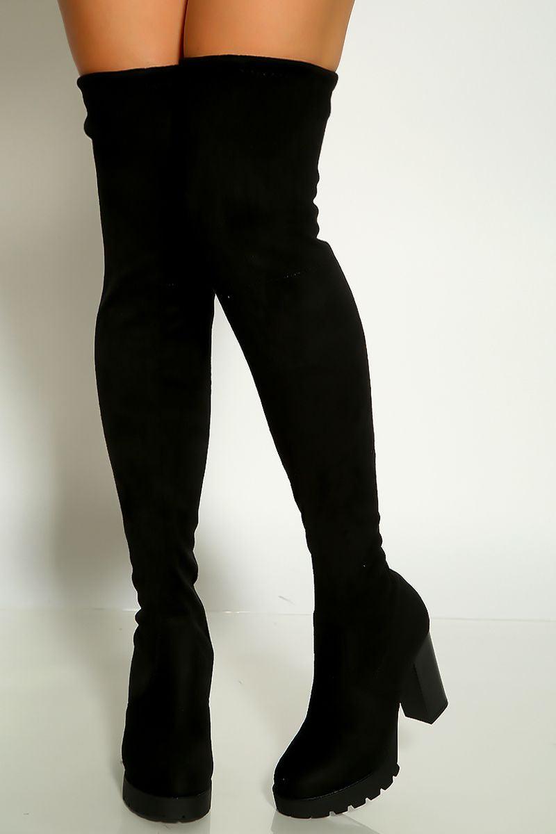 Black Round Toe Platform Chunky High Heels Knee High Boots Faux Suede - AMIClubwear