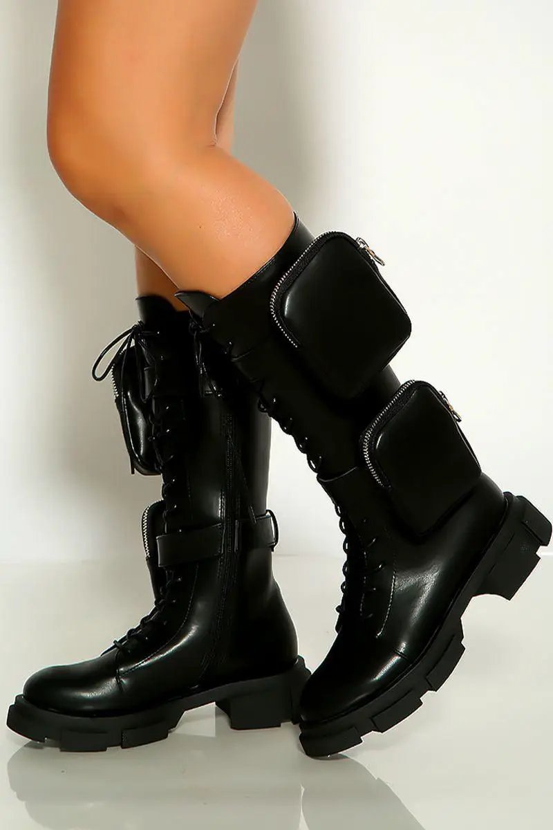 Black Round Toe Side Pockets Lace Up Boots