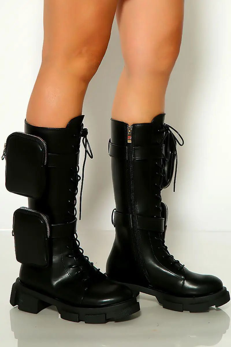 Black Round Toe Side Pockets Lace Up Boots