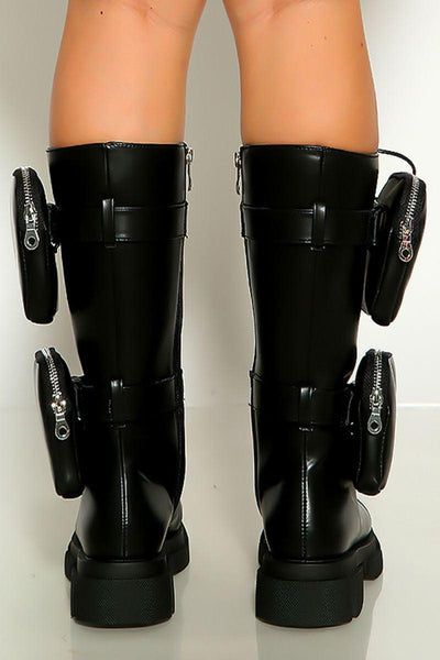 Black Round Toe Side Pockets Lace Up Boots - AMIClubwear
