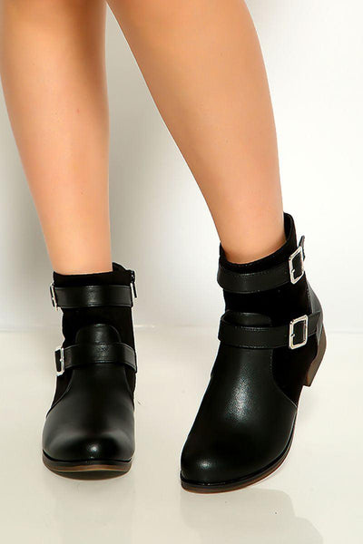 Black Round Toe Strap Buckle Faux Leather Booties - AMIClubwear