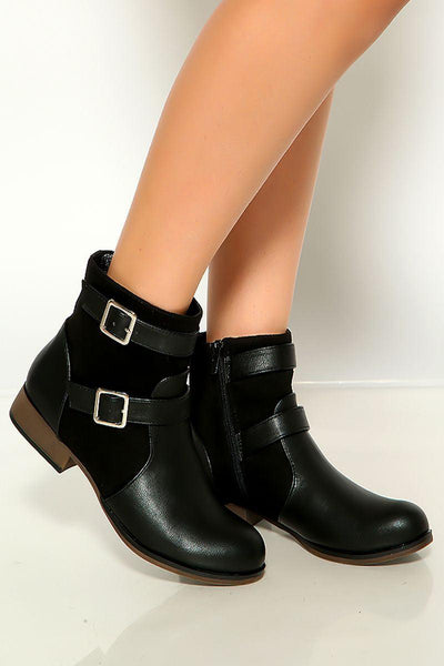 Black Round Toe Strap Buckle Faux Leather Booties - AMIClubwear