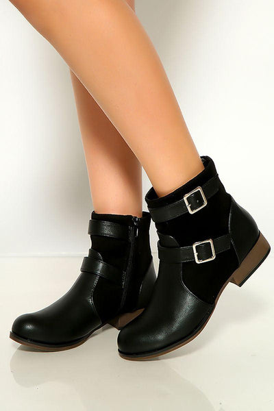 Black Round Toe Strap Buckle Faux Leather Booties - AMIClubwear