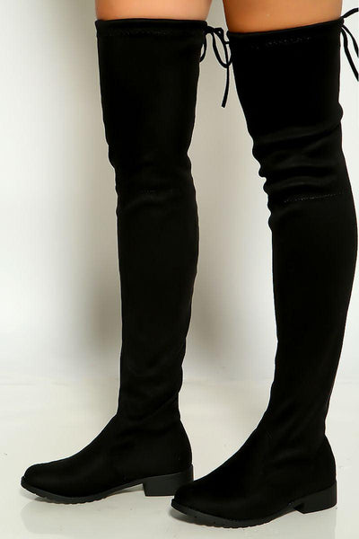 Black Round Toe Thigh High Flat Boots Faux Suede - AMIClubwear