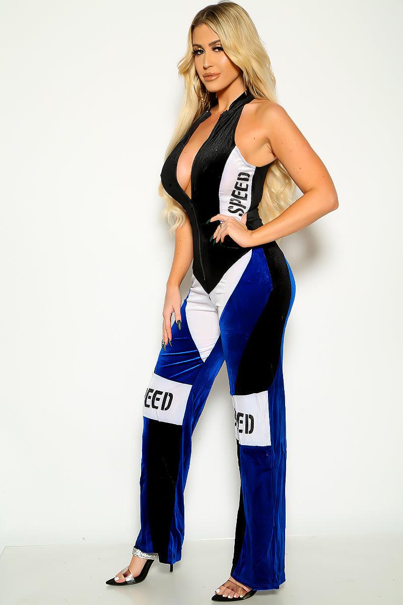 Black Royal Blue Zip Up Long Sleeve Wide Leg Jumpsuit - AMIClubwear