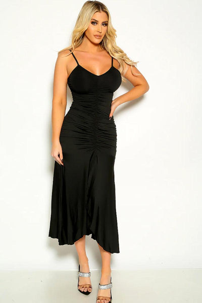 Black Ruched Front Slit Midi Sexy Party Dress - AMIClubwear