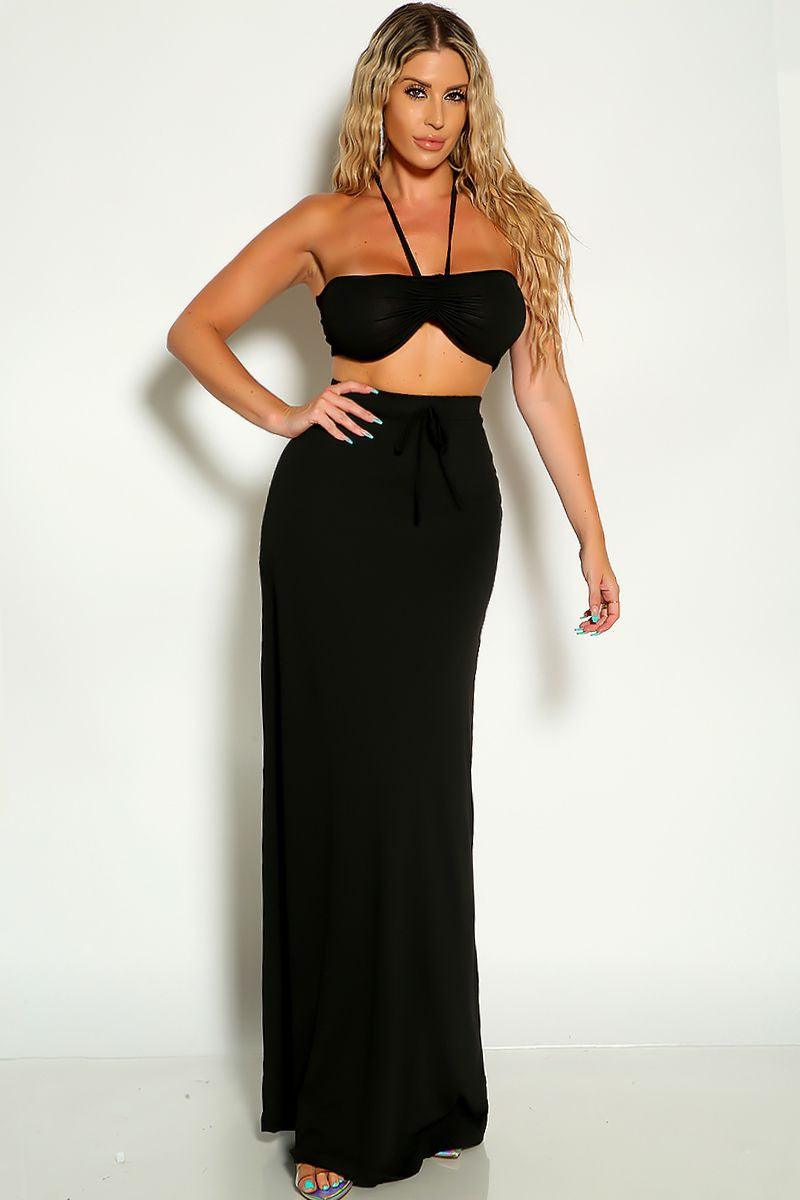 Black Ruched Halter Cropped Top Maxi Two Piece Dress - AMIClubwear