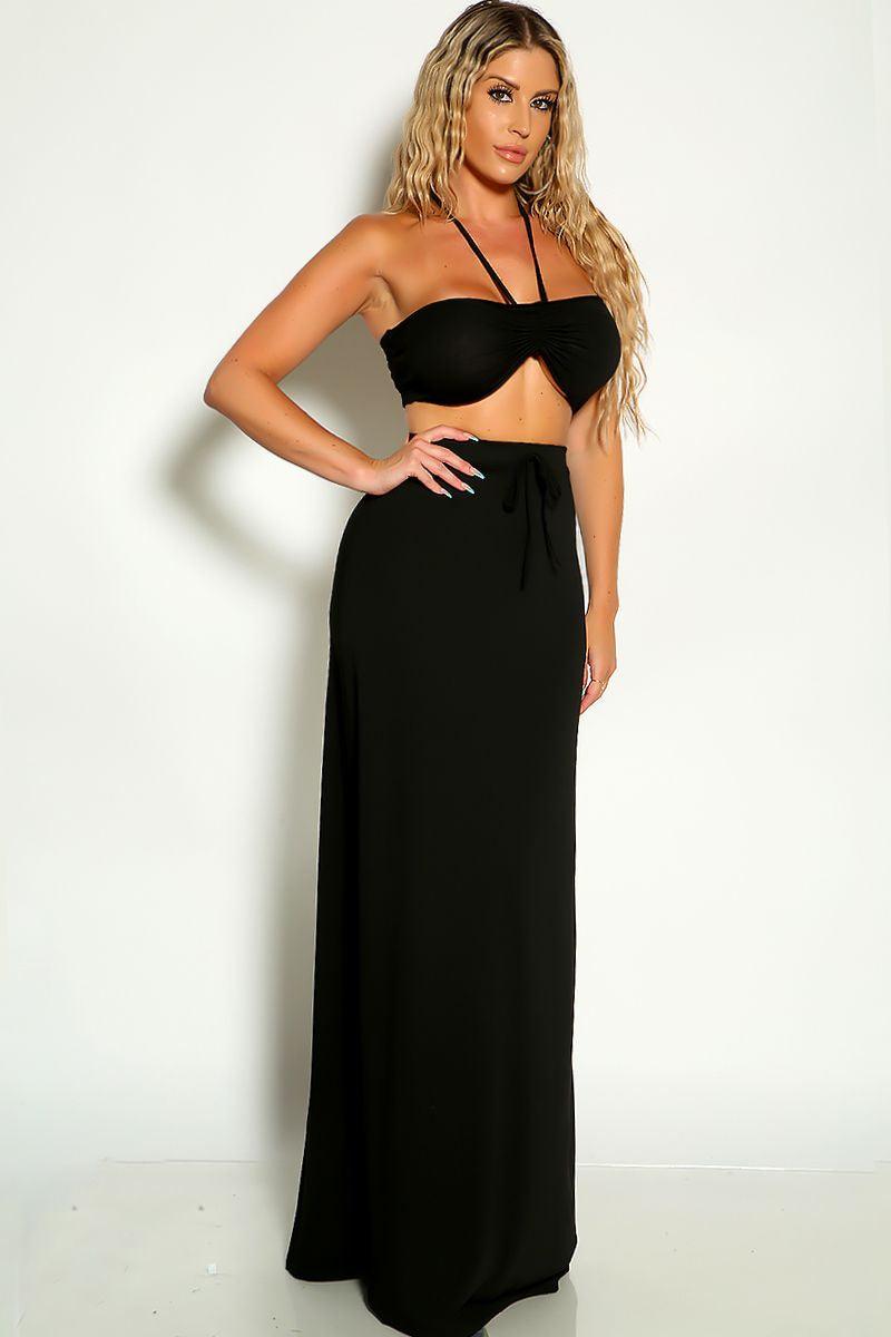 Black Ruched Halter Cropped Top Maxi Two Piece Dress - AMIClubwear