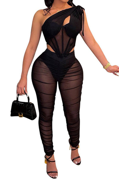 Black Ruched Mesh Asymmetrical Top & Matching Leggings Set - AMIClubwear